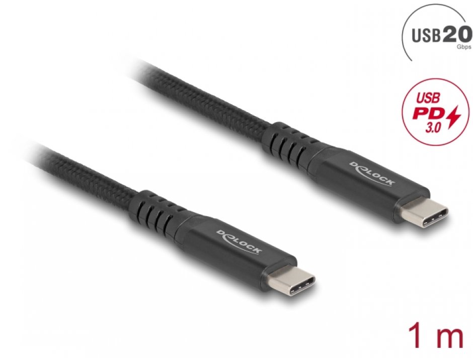 Imagine Cablu USB4 type C 20Gb/100W T-T E-Marker 1m brodat Negru, Delock 80024